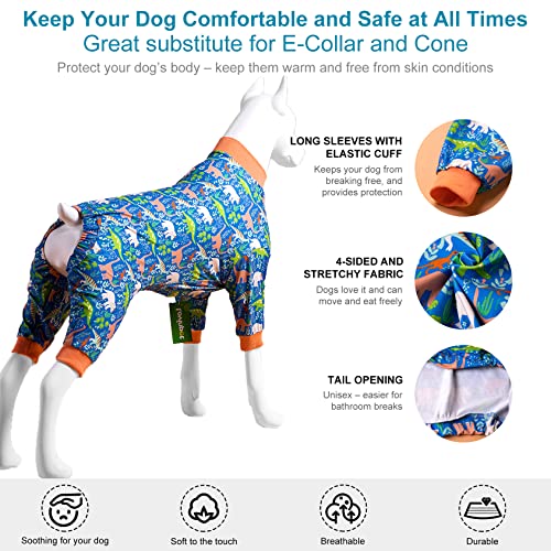 LovinPet Large Breed Dog Clothes Pajamas, Wound Care/Post Surgery Full Coverage Shirt, Dinosaur Land Blue Print - Image 4