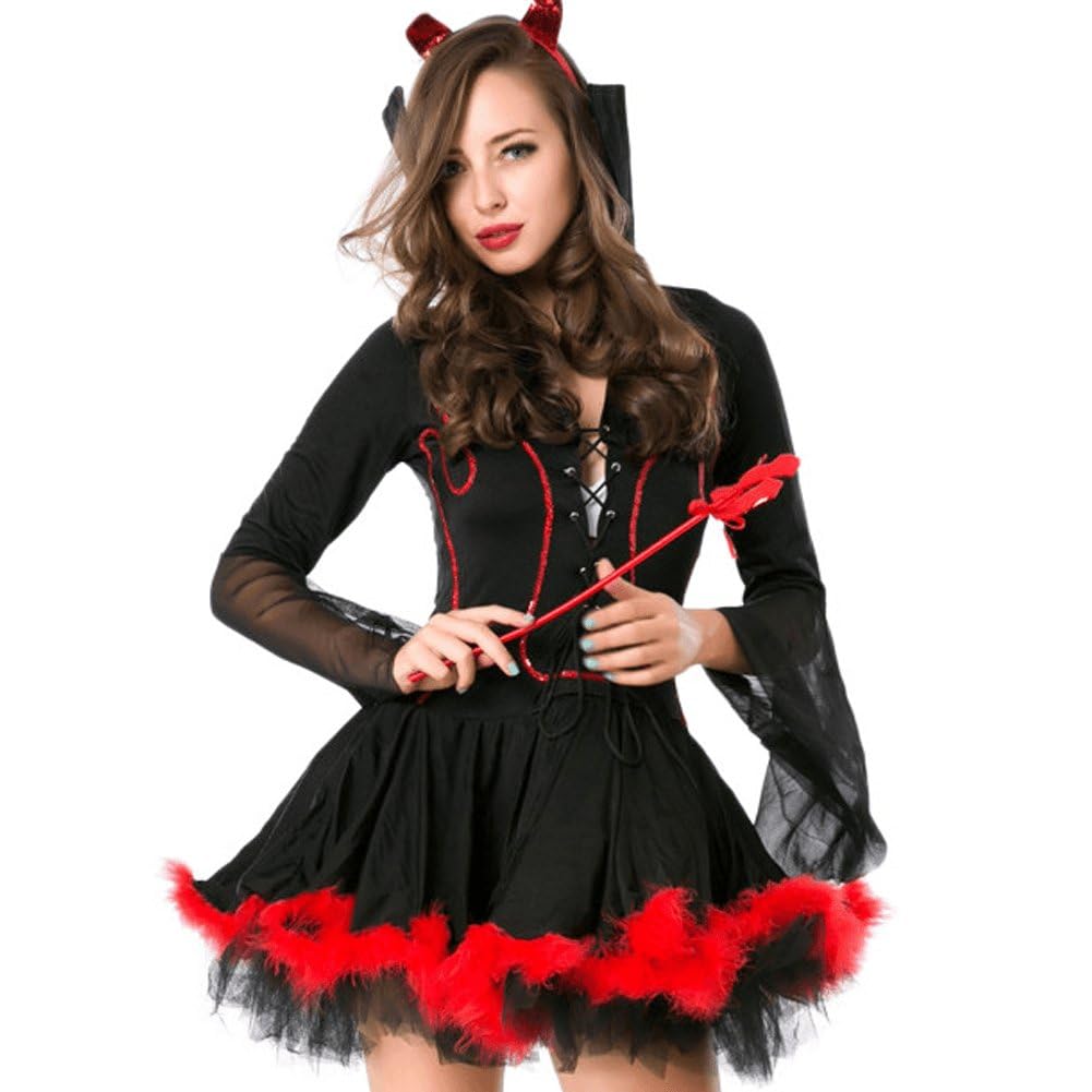 Stakee Women's Black Costume Halloween Devil Dress With Headband And Fork Dress Up Costumes Cosplay Role Play Dress Up Outfit For Carnival Party