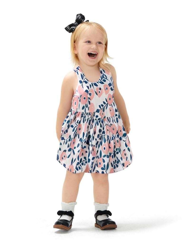 PATPAT Vestido Niña y Conjunto de Sombrero de Paja - con Gorro Vestido Infantil Sin Mangas con Lazo Estampado Floral, Ropa Bebe, Batas Escolares, Vestidos Niña Verano, Tutu Niña 3 Meses - 3 años