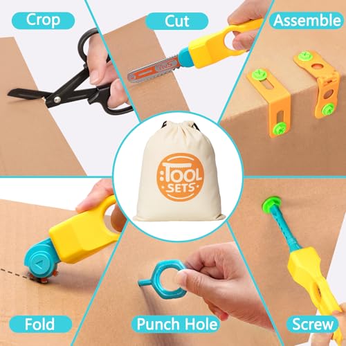 Image of Cardboard Tools for Kids, 129 PCS Cardboard Construction Kit, Kids Building Set with Safe Serrated Cutter, Crease Roller, Screws & Nuts, Creative STEM Educational Toys Gift for Boys and Girls Age 5+