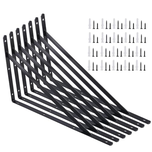 HEIYUET Lot de 8 supports d'étagère noirs - 400 x 250 mm - Équerre en métal noir à 90° - Support d'étagère mural pour charges lourdes - Charge maximale : 120 kg