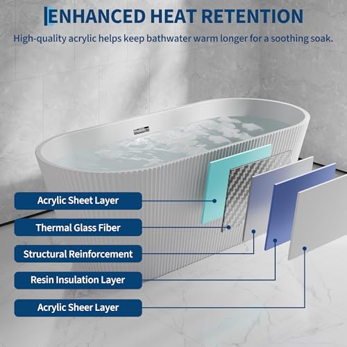 Image of GarveeLife 59 Inch Freestanding Bathtubs, Soaking Tub, Modern Free Standing Bathtub with Integrated Overflow, Deep Ergonomic Design for Spa-Like Relaxation, Acrylic