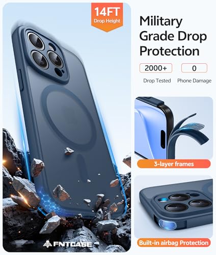 Image of FNTCASE for iPhone 15 Pro Max Case: [Compatible with Magsafe] Translucent Matte Cases with [Full Camera Protection] [Screen Protector] Military Grade Shockproof Protective Phone Cover - Blue