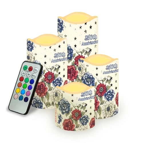 Image of 250th National Independence Day Battery Operated Candles Floral Print Fake Candle Remote Control 1776-2026 Flameless Candles Patriotic Decorations for Home, 4 Pack