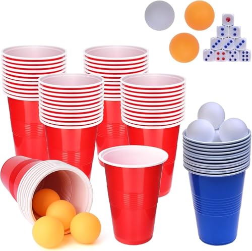 YTLSDHF 46 Pcs Red Cups Pong Game Set Pong Cups 30 Red Blue Plastic Cups Reusable Plastics Party Cup With10 Dice With 6 Table Tennis Used Suitable For Party Games Family Gatherings