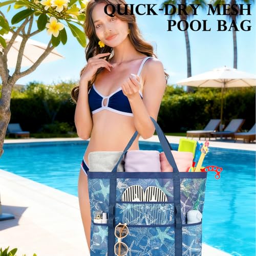 Image of Fammart Mesh Beach Bag for Women, Large Beach Toy Pool Bag with Zipper Pocket, SandProof Cruise Essentials 2026 Family Travel