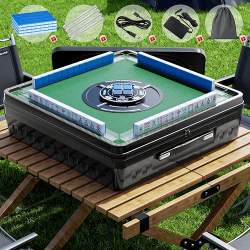 PYY Portable Automatic Mahjong Table - Foldable 144 Magnetic Mini Mahjong Tiles Smooth Non-Jamming Shuffling Supports American & Chinese Styles for Outdoor & Home Fun Black-Blue