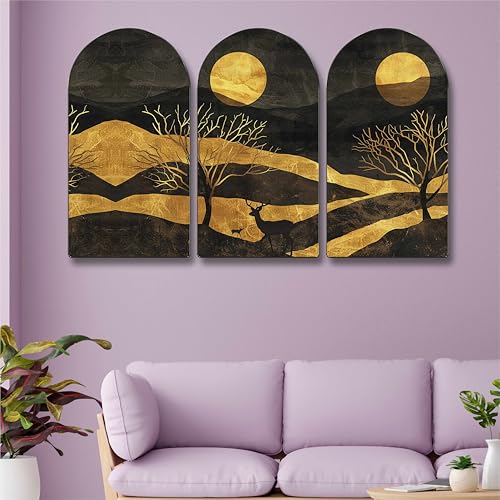 Image of Livin'luxe Golden Moonlight Landscape Wall Art - 3 Panel Modern Painting | Black & Gold Night Scene with Deer, Mountains & Trees | Elegant Wall Decor for Living Room, Bedroom, Office