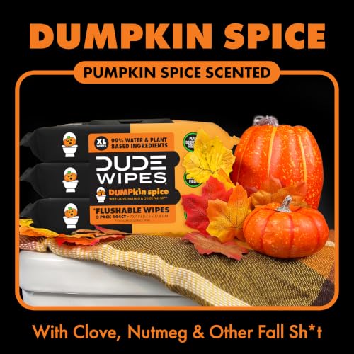 Image of DUDE Wipes Dumpkin Spice Adult Flushable Wipes, Pumpkin Scented, 144 Count | Pumpkin spice scented. 99% water, extra large flushable butt wipes. Clove and nutmeg. Septic safe. 3 packs of 48.