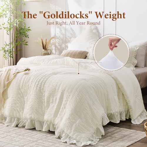 Image of JOLLYVOGUE Cream Queen Comforter Set,3pcs Seersucker Comforters Queen Size