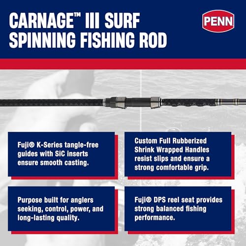 PENN Carnage III Surf Spinning Fishing Rod,Silver/Black/Gold, 10' - Medium - 15-30lb - 2pc by PENN - Image 2