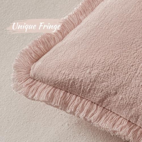 Image of MIULEE Linen Fringe Decorative Euro Throw Pillow Covers Light Pink 22x22