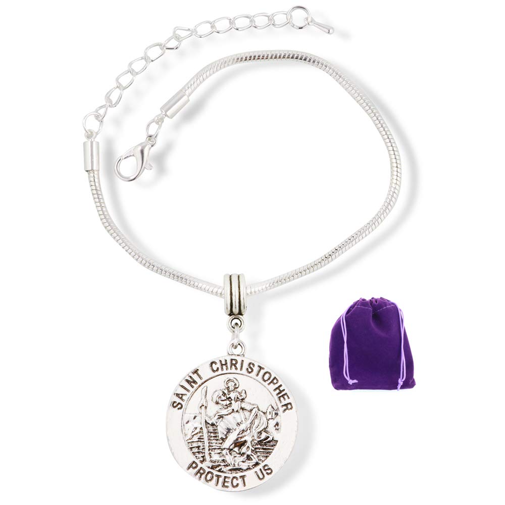 St Christopher Bracelet | Protect Us Charm Bracelet on Silver Plated Snake Chain Protect Us Medal Travellers Protection Gift for Women or Men Patron