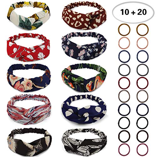 10 Pack Boho Headbands for Women Flower Printing Twisted Knot Elastic Headbands Women Hair Band Accessories(10pcs women's headbands with 20pcs hair bands)(red floret)