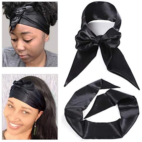Leeven 2 Pcs Silky Satin Edge Scarves 4.5”x54” Large Wig Grip Band Women Satin Headband For Lace front Wigs Non Slip Hair Wrap Black Satin Edge Laying Scarf For Makeup, Facial,Sport,Yoga Cover