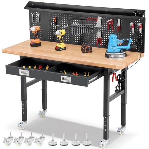 Workbenches for Garage Work Bench with Wheels 60 Inch Adjustable Rubber Wood Top Garage Workbench with Drawers, Pegboard, Power Outlets for Woodworking, Home, Office, Workshop