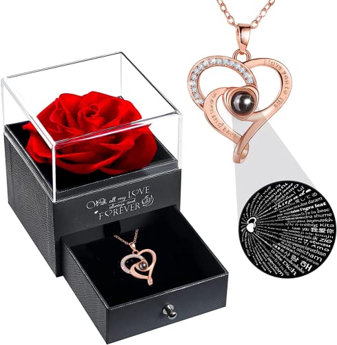 U Uqui Preserved Real Rose With I Love You Heart Necklace 100 Languages, Birthday Gifts For Women Mom Her Girlfriend Wife Mothers Day Anniversary, Forever Eternal Flower From Daughter Son, Red Roses #TOP12