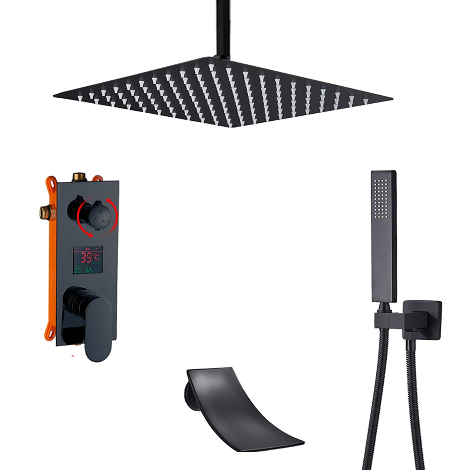 QUSYZD Shower System with Waterfall Tub Spout, 12" Rainfall Shower Head with Handheld Shower, Shower Faucet Set Wall Mount, Digital Display Mixer Valve,