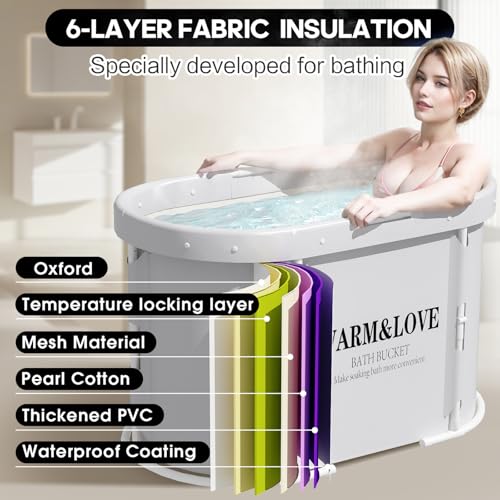 Faltbare Badewanne für Dusche, Freistehende Badewanne für Heißes Bad und Eisbad, Tragbare Eisbadewanne für Erwachsene (Grau weiß, Oval-Medium)