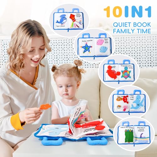 Image of Jollybaby Quiet Book for Toddlers - Montessori Basic Skills Activity Toys - Preschool Learning Soft Travel Toy & Sensory Educational Busy Book for 1-3 Year Old Boys & Girls + Zipper Bag(Wathet)