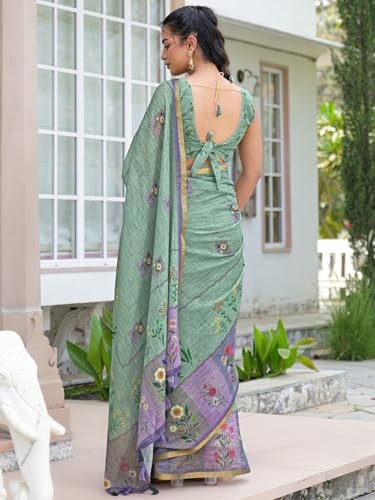 Image of SIRIL Women's Cotton Linen Printed Zari Border Saree with Unstitched Blouse Piece