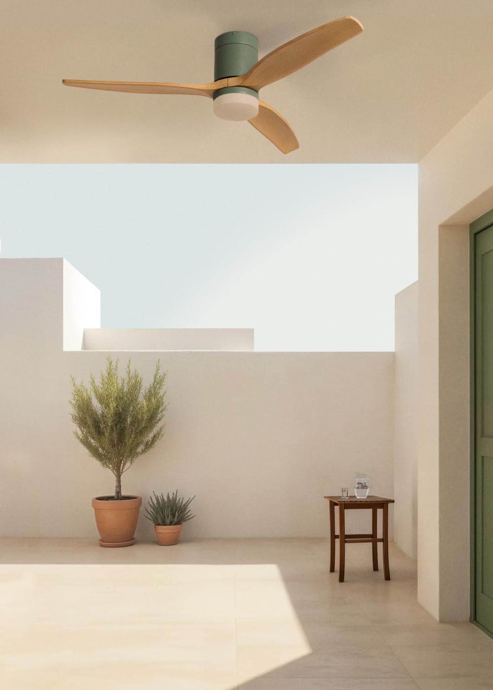 CREATE / WINDCALM M/Ventilatore da soffitto ABS con luce verde sage pale effetto legno chiaro e telecomando / 40W, Silenzioso, Ø132 cm, 3 temperature di luce, temporizzatore, funzione estate-inverno