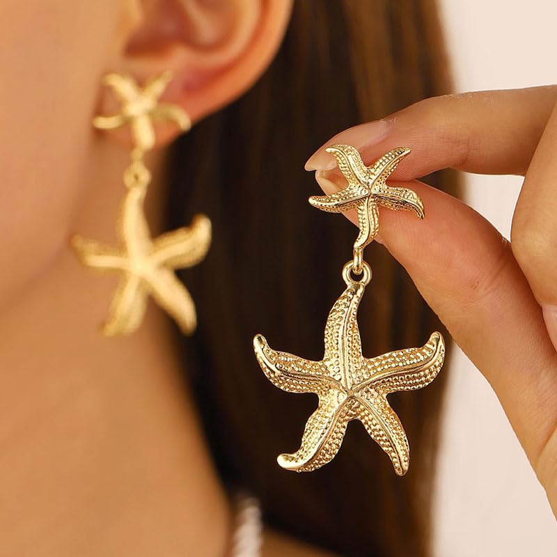 Starfish Earrings Gold Double Starfish Dangle Earrings for Women Stainless Steel Seashell Star Drop Stud Earring Personality Ocean Beach Summer Jewelry Gift(gold) - Image 2