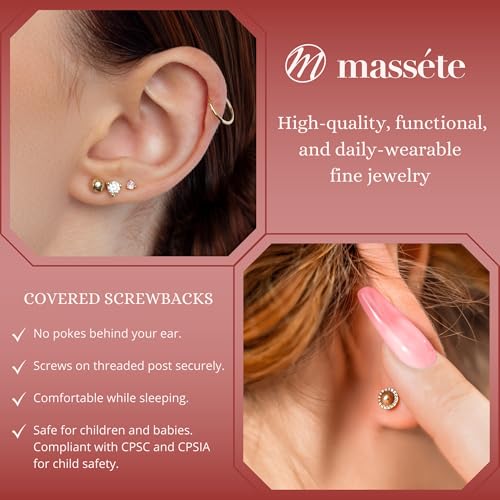 14k Gold 3-Prong Simulated Diamond Stud Earrings - Martini Style, 3mm 4mm 5mm, Covered Screwback for Women4