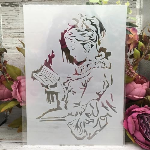 Reusable Stencil for Painting,A4 29cm Reading Study Girl Student Stencils for Painting on Wood,Wall,Tile,Furniture,Rock,Canva,Fabric,DIY Art Projects