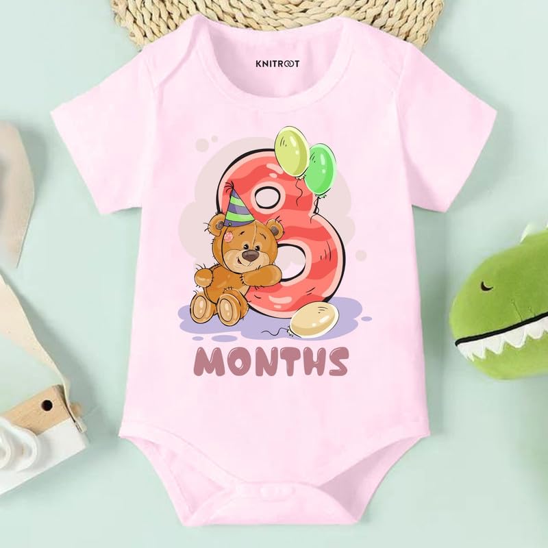 Image of Knitroot Monthly Birthday Teddy Special, Newborn Baby Half Sleeve Unisex Romper, Onesies, Sleepsuit, Body Suit, Envelope Neck, 1 to 12 Months Print, 0-12 Months, Infant Cloth for Boys & Girls