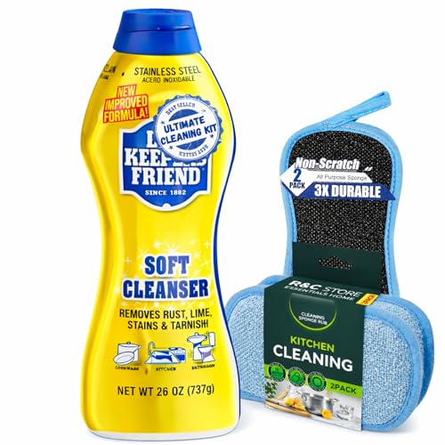 Bar_Keeper_Friend Soft Cleanser (26 oz) & Non-Abrasive + 2 Dual-Sided Non-Scratch Scrubbing Sponge | Multipurpose Cleaning Kit for Kitchen, Cookware & Stainless Steel | ULTIMATE CLEANING KIT