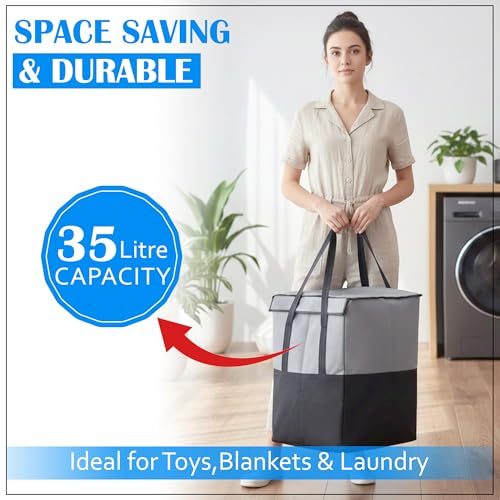 Image of GLUN Black & Grey Regular Use Rectangle Shape Hamper Bag, Pack of 1 Laundry Bag, Perfect for Storing & Organise Clothes, Lightweight, & Double Side Handle Easy to Carry