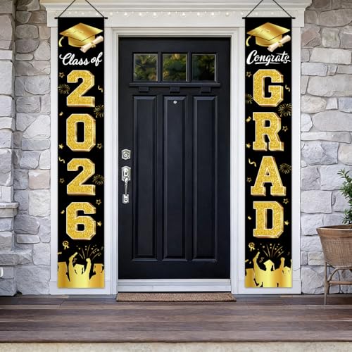 Image of Graduation Decorations 2026 Porch Banner, Black and Gold Graduation Banner Class of 2026, Congrats Grad Decorations for Door and Porch Party Supplies