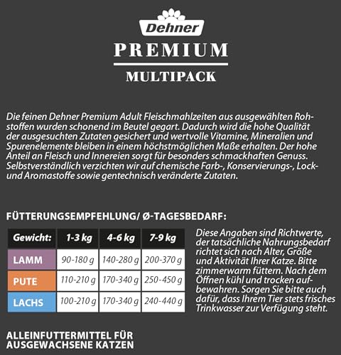 Dehner Premium Katzenfutter Multipack, Nassfutter, für ausgewachsene Katzen, je 4 x Lamm / Pute / Lachs, 12 x 100 g Beutel (1.2 kg)