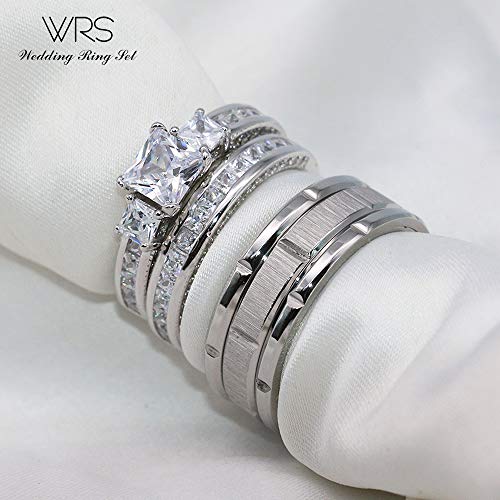 His Hers Wedding Ring Sets Couples Matching Rings Women's 10k White Gold Filled Square CZ Wedding Engagement Ring Bridal Sets & Men's Tungsten Carbide Wedding Band2