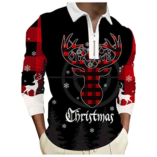 Camiseta de Navidad para hombre de manga larga, polo de Navidad para hombre, divertido, a la moda, camisa de Navidad con cremallera 1/4, cuello reversible, camisas de Navidad con estampado de Papá