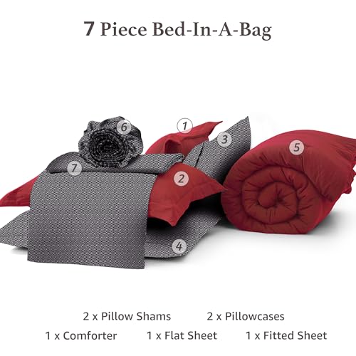 Image of Monbix Full Size Comforter Sets-7 Pieces Soft Bed in a Bag Full Bedding Set | All Season Red Prewashed Comforter Bed Set with Striped Sheets, Pillowcases & Shams
