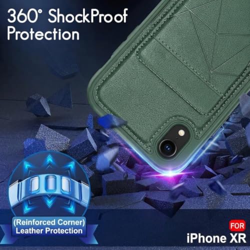 Image of amazon basics Premium Vegan Leather Back Cover with Card Holder and Integrated Mobile Stand for iPhone XR - Slim Shockproof Wallet Case with Geometric Stitching [Green]