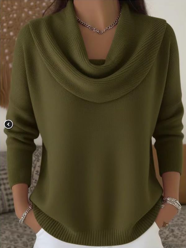 Women's Cowl Neck Sweater Lightweight Solid Color Long Sleeve Knit Pullover Jumper Tops - Image 2