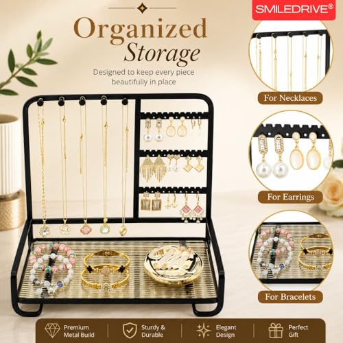 Image of SMILEDRIVE Premium Metal Jewelry Stand Organizer, Black | Sleek Tabletop Holder, For Necklaces, For Earrings, For Rings & Bracelets