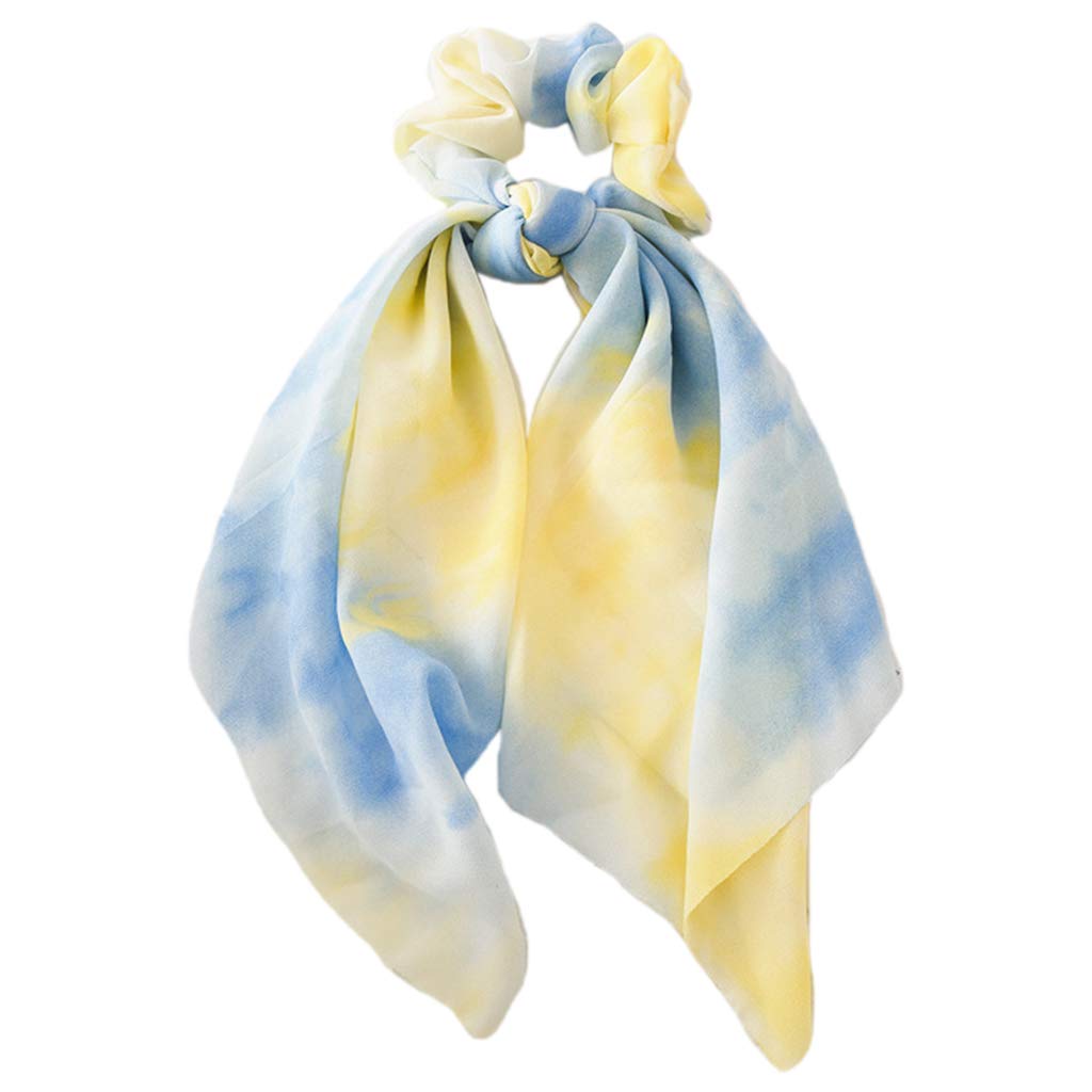 Wuliuen Female Summer Chiffon Ribbon Scrunchies Scarf Contrast Color Tie-Dye Elastic Hair Ties Rope Bowknot Boho Ponytail Holder Yellow+Blue