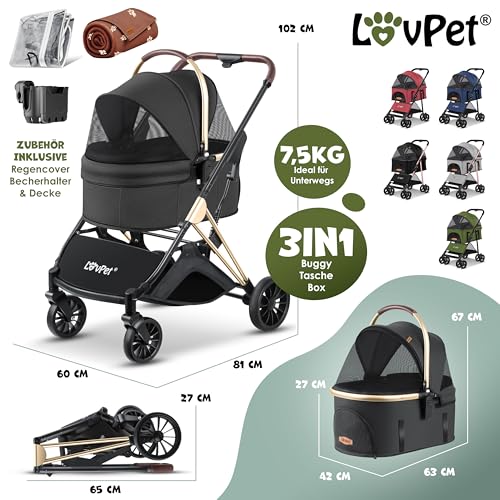 LOVPET® Hundewagen 3in1 Hundebuggy bis 20kg Hundebox Transporttasche faltbar klappbar Große Räder Netzfenstern Regenschutzabdeckung Getränkehalter Kuscheldecke Katzenbuggy Jogger Buggy für Haustiere