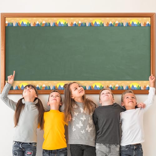 Image of BeYumi Moving Mountains Border Trim - 65ft Back to School Moving Mountains Straight Rolled Border Trim Woods Pine Trees Bulletin Board Borders Orange Decor Classroom Office Chalkboard Party Decoration