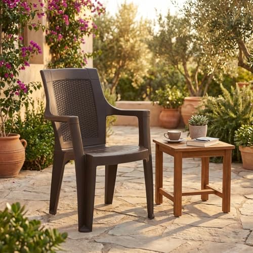 Image of INNOWIN Sweden Plastic Chair with Armrest | Strong & Durable | Modern Woven Back Design | Indoor Outdoor Use | Living Room, Balcony, Garden Seating | Rust Brown Color | 3 Year Warranty