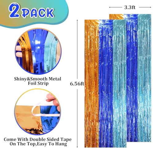 Image of Voircoloria 2 Pack Blue Orange Foil Fringe Backdrop Curtains, Tinsel Streamers Party Decorations, Fringe Backdrop, Door Shimmer for Birthday Party