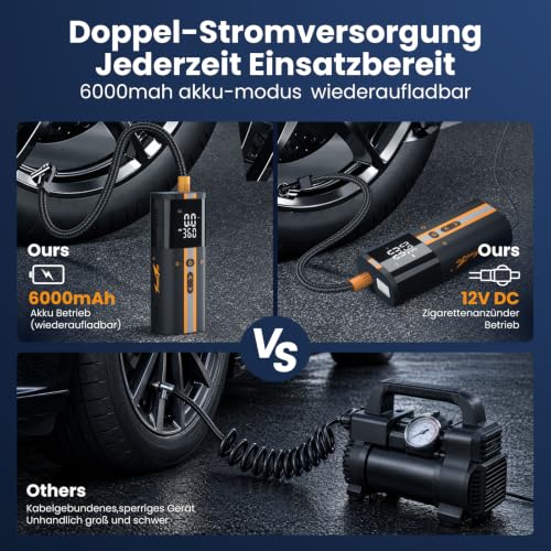 TowerTop Elektrische Fahrradpumpe, 12V DC 150PSI Doppelstrom Luftpumpe Elektrisch, 6000mAh Fahrradpumpe, 5X schneller Aufpumpvorgang… – Ansicht 4