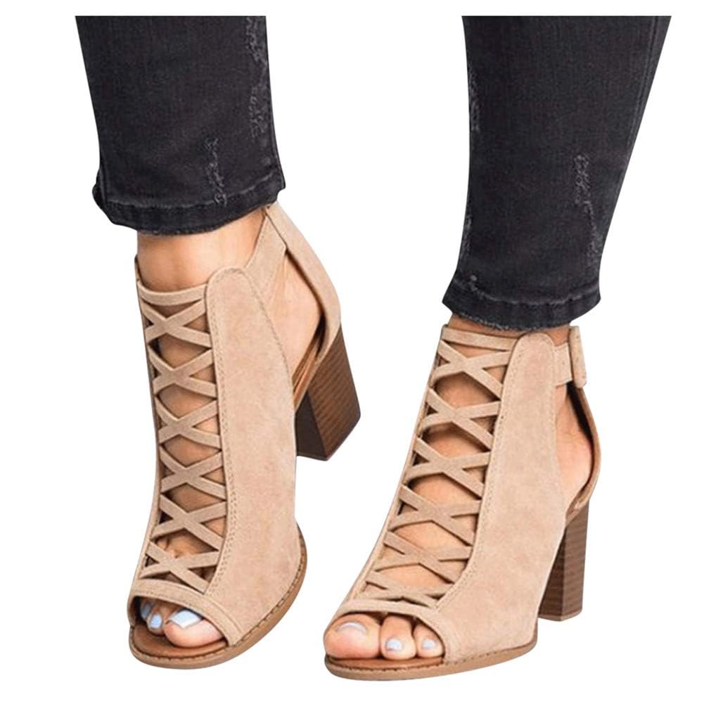 ZHOUYF Womens Open Toe High Heel Sandals Fashion Buckle Strap Chunky Heel Cutout Sandals Faux Suede Ankle Strap Heeled Sandals Women