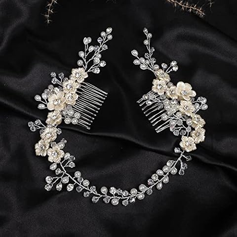 BERYUAN Pearl Ivory Flower Wedding Hair Band Rhinestone Headband for Bride (Silver) Cover