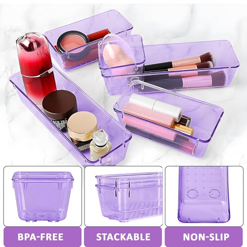Image of Kuber Industries Acrylic Set of 7 Transparent Cosmetic Organizer Tray | Drawers Organisers for Kitchen, Office and Bathroom Vanity Makeup | Stationery Storage Drawer Divider Tray | Purple