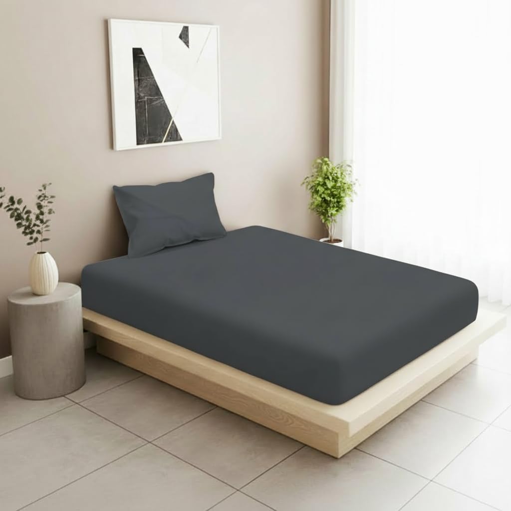 Filymore Solid Dark Grey bedsheet 240 Tc Microfiber Solid Single Color Bedsheet/bedcover for Singlesize Bed with 1 Pillow Cover (Size :90X60 inchs, Single, Dark Gray)-image-28